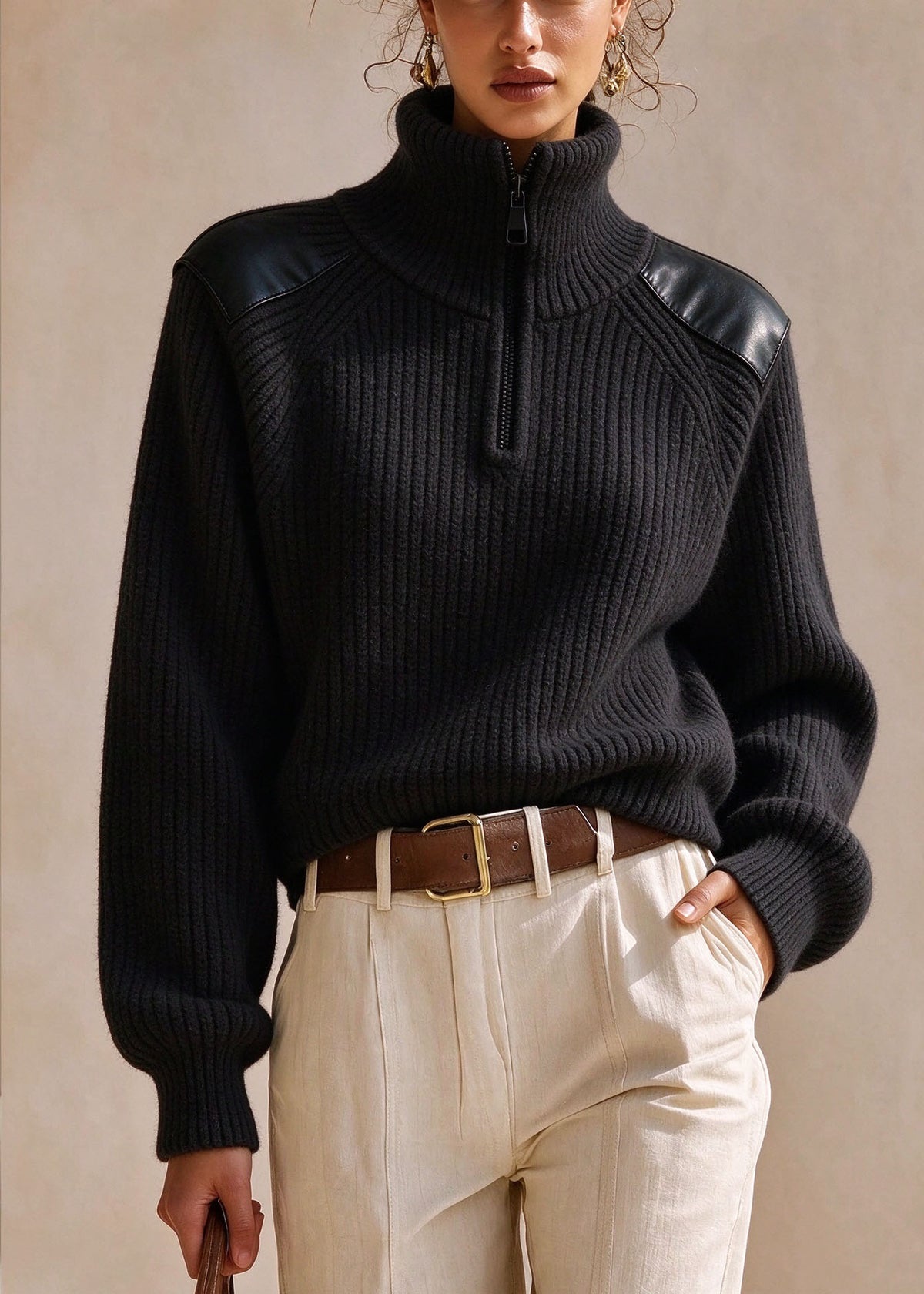 New Grey Hign Neck Faux Leather Patchwork Knit Sweaters Fall