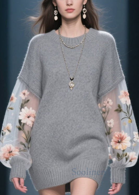 New Grey O Neck Tulle Patchwork Knit Knitwear Dress Fall