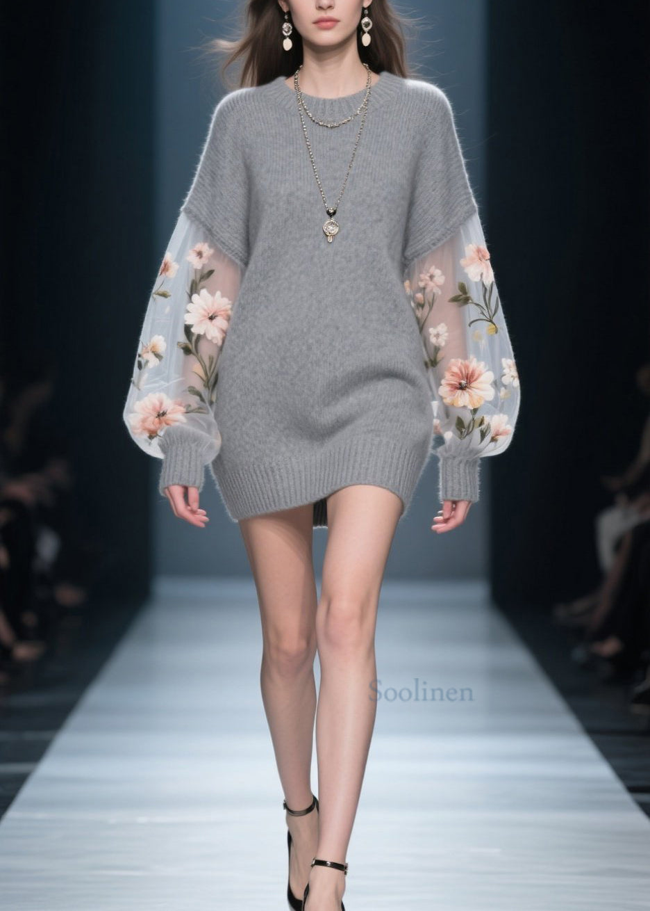 New Grey O Neck Tulle Patchwork Knit Knitwear Dress Fall