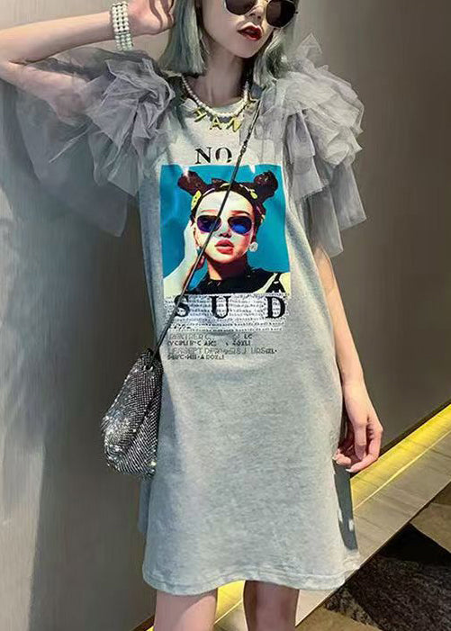 New Grey Print Tulle Patchwork Cotton T Shirts Dress Summer