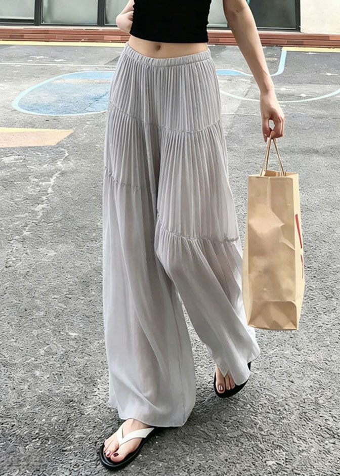 New Grey Wrinkled Patchwork Elastic Waist Chiffon Pants Summer