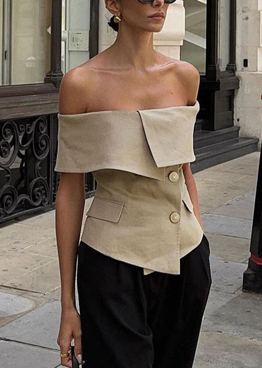 New Khaki Slash Neck Cold Shoulder Button Cotton Top Summer