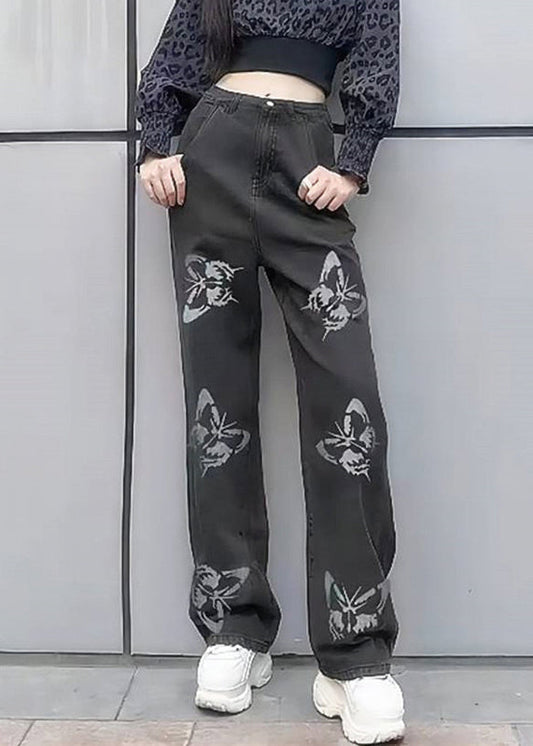 New Light Blue Butterfly Print Patchwork Denim Wide Leg Pants