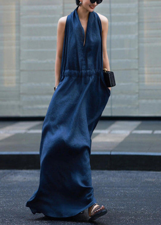 New Light Blue Pockets Tie Waist Solid Linen Robe Dresses Sleeveless