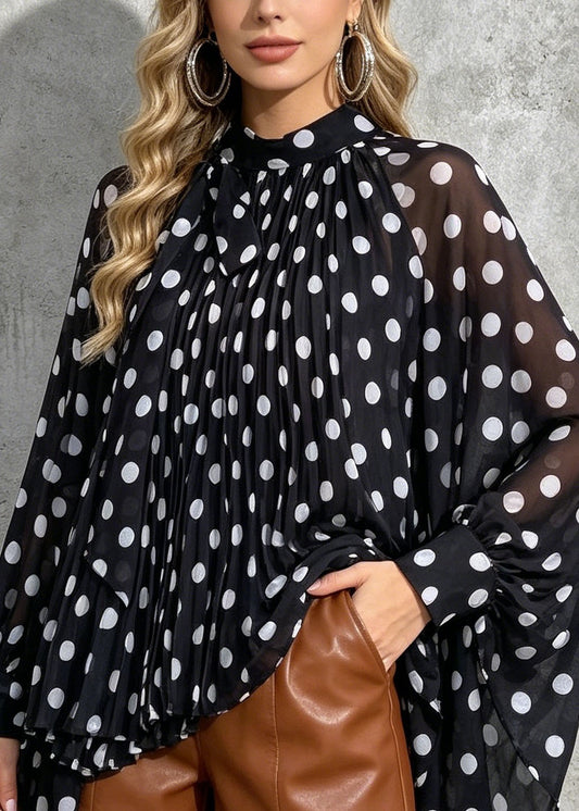 New Loose Black Dot Print Bow Chiffon Shirt Batwing Sleeve