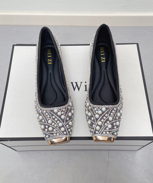New Nail Bead Zircon Splicing Penny Loafers Black Faux Leather