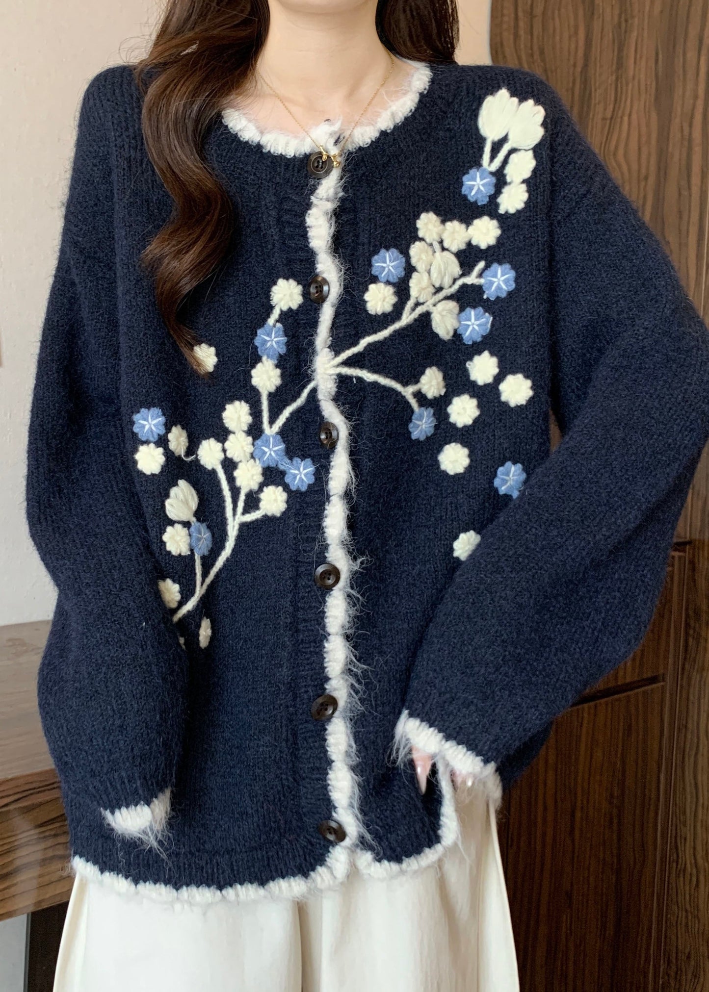 New Navy Embroidered Button Knit Cardigan Spring
