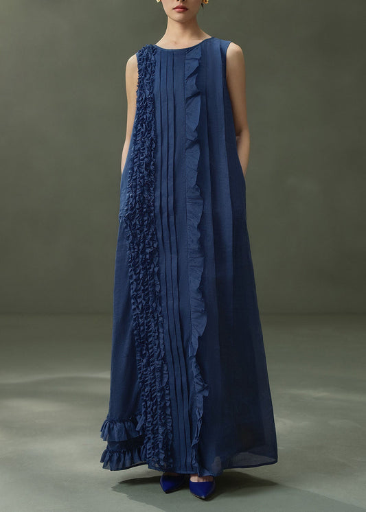New Navy O Neck Ruffled Patchwork Linen Ankle Dress Sleeveless