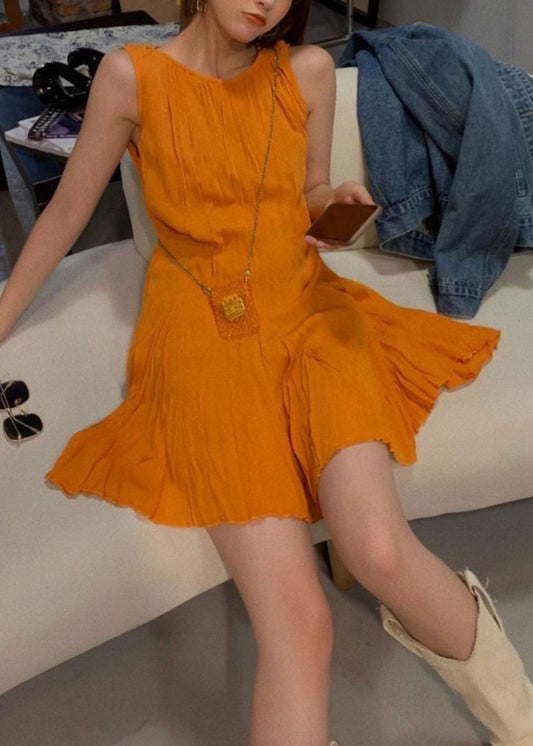 New Orange O Neck Solid Cotton Mid Dress Sleeveless
