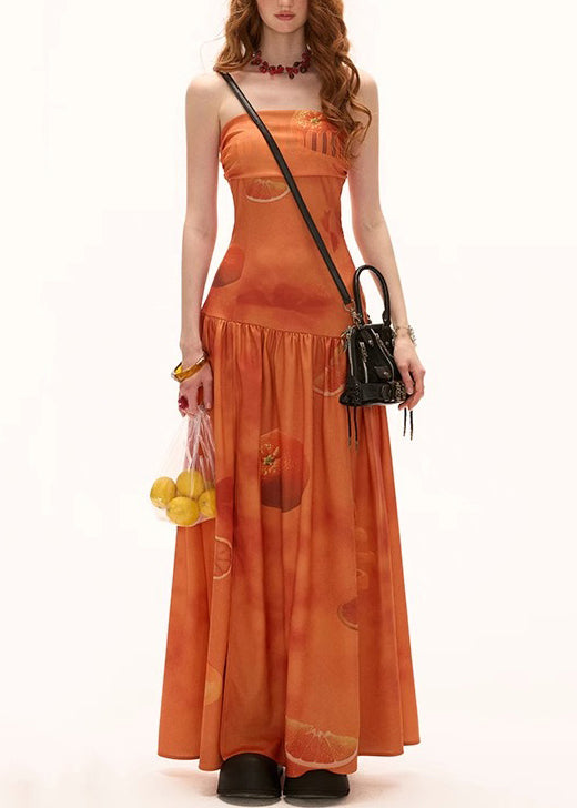 New Orange Print Wrinkled Side Open Cotton Maxi Dresses Sleeveless