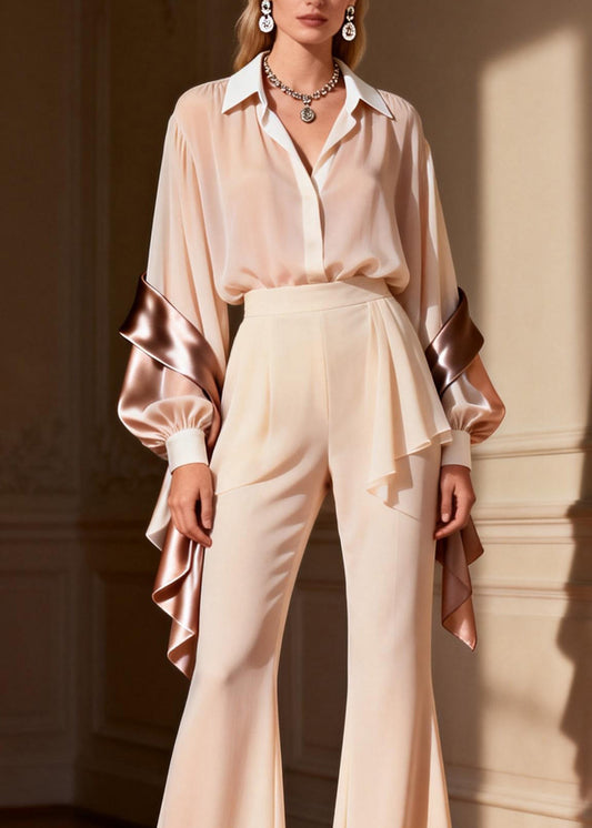 New Peter Pan Collar Patchwork Silk Two Piece Suit Set Spring