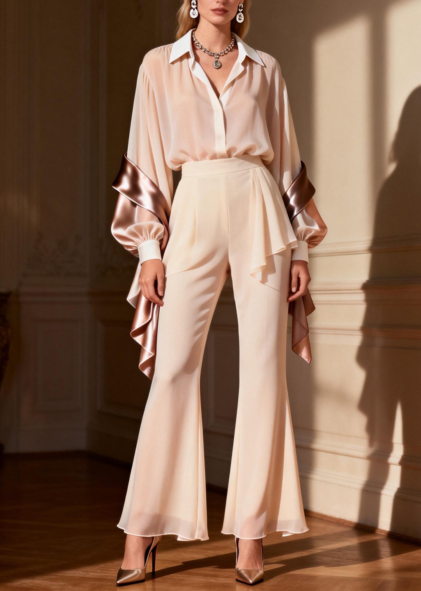 New Peter Pan Collar Patchwork Silk Two Piece Suit Set Spring