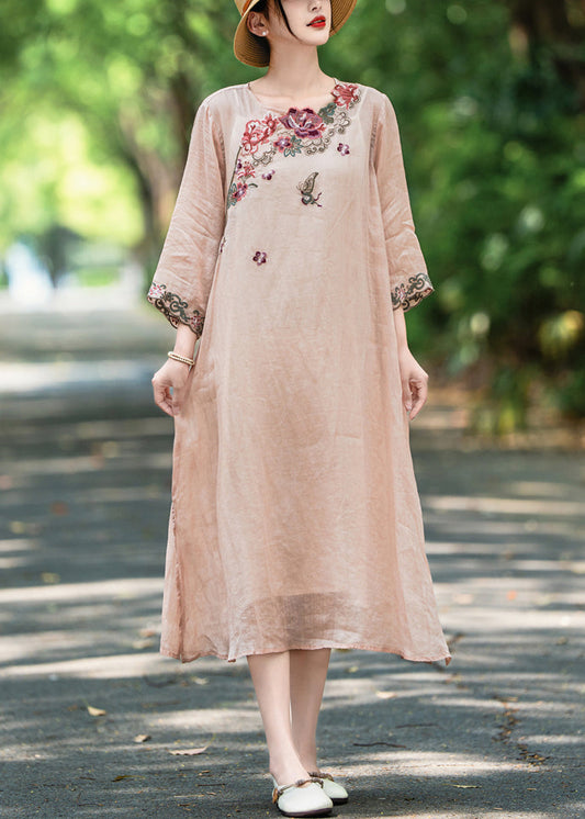 New Pink Embroidered Side Open Linen Long Dress Fall