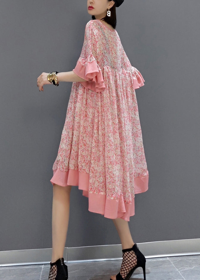 New Pink Print Patchwork Chiffon Dress Butterfly Sleeve