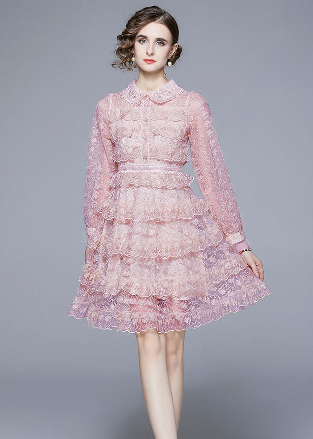 New Pink Ruffled Lace Button Patchwork Tulle Mid Dress Summer