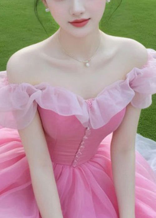 New Pink Slash Neck Patchwork Chiffon Party Dress Summer