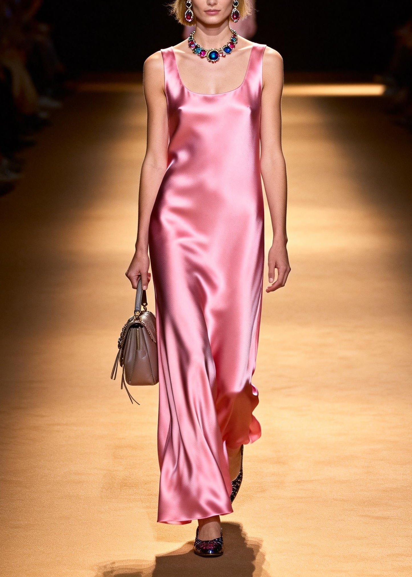 New Pink U Neck Draping Silk Maxi Dresses Sleeveless