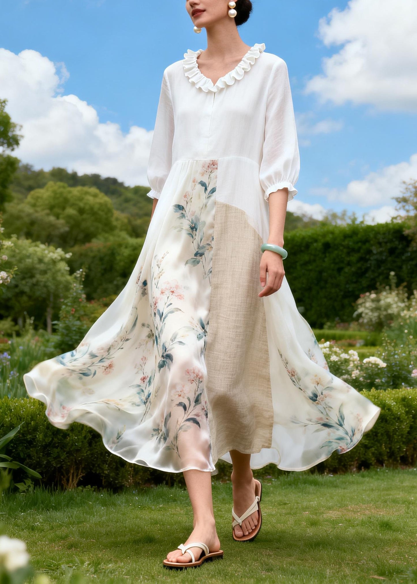 New Plus Size Ruffled Print Patchwork Linen Silk Dress Summer