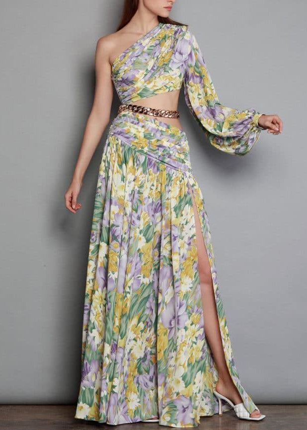 New Print One Shoulder Chain Linked Side Open Chiffon Long Dress Summer