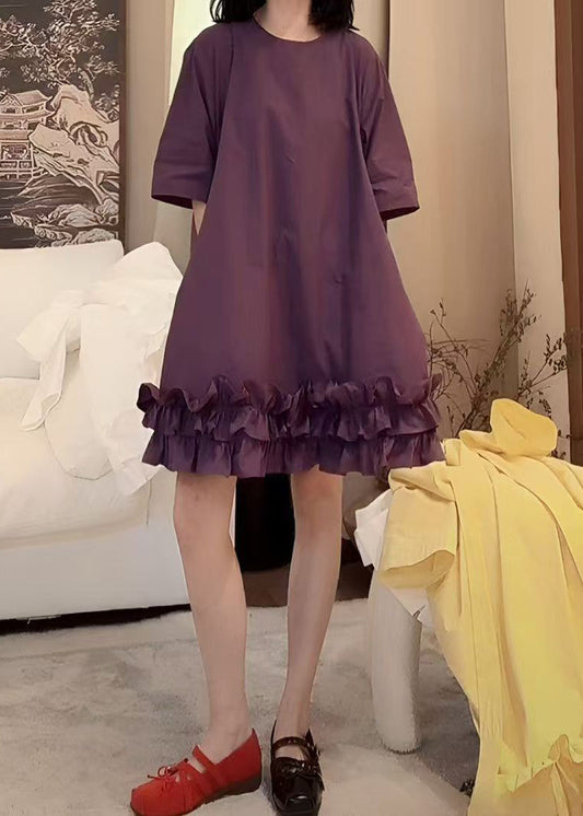 New Purple O Neck Ruffled Patchwork Cotton Mid Dresses Summer