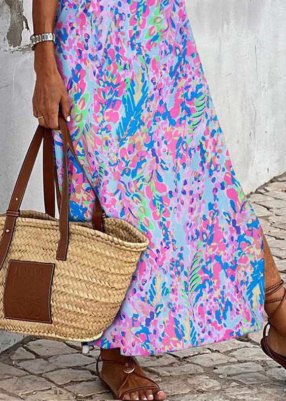 New Purple Print Side Open Cotton Maxi Dress Sleeveless