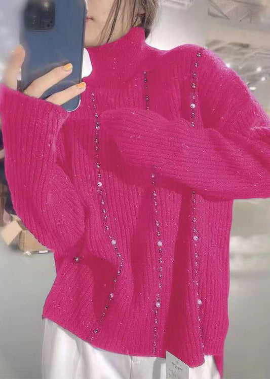 New Purple Turtleneck Nail Bead Patchwork Knit Sweaters Long Sleeve