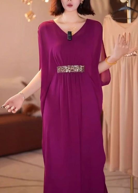 New Purple V Neck Patchwork Chiffon Dress Batwing Sleeve