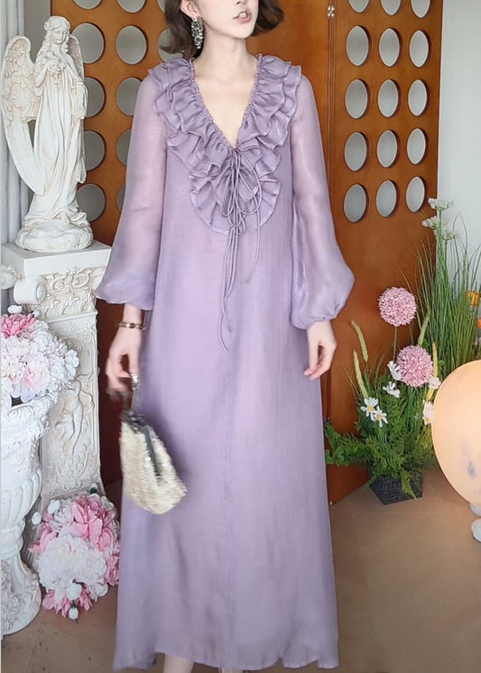 New Purple V Neck Ruffled Lace Up Silk Long Dress Fall
