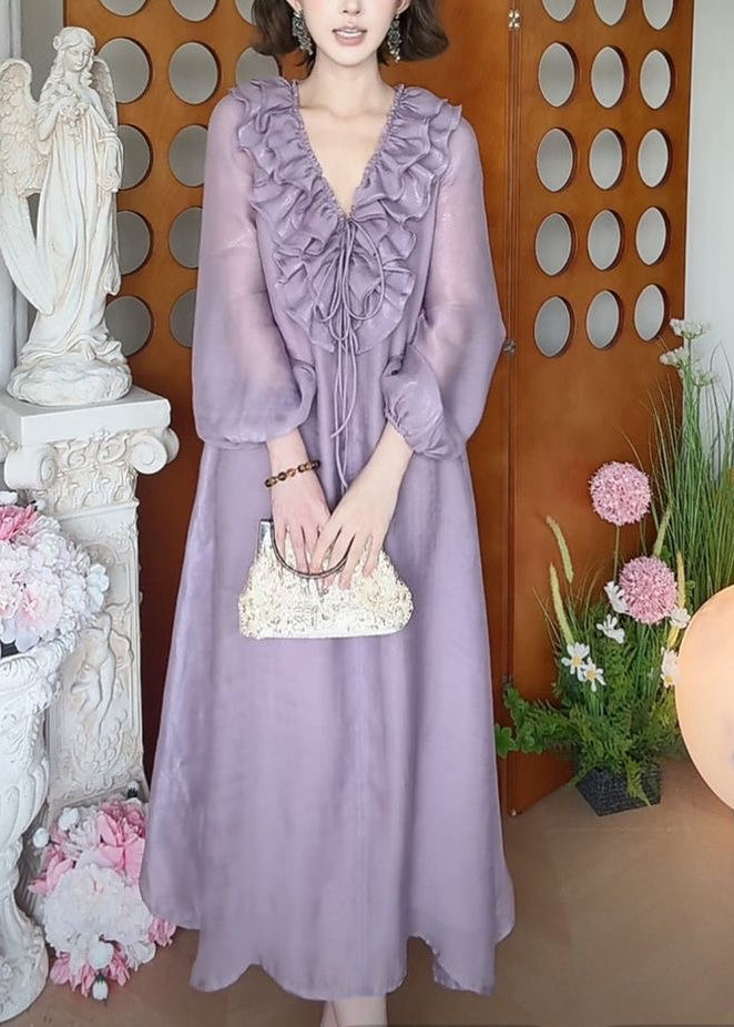 New Purple V Neck Ruffled Lace Up Silk Long Dress Fall
