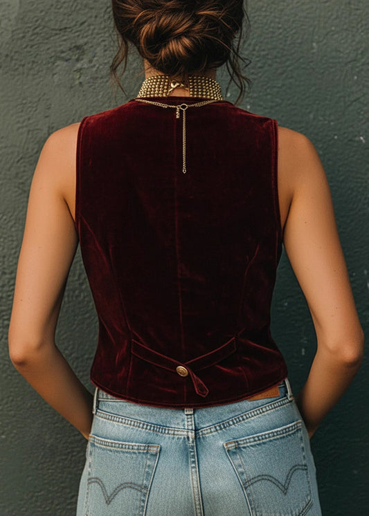 New Red Peter Pan Collar Button Velour Vest Sleeveless