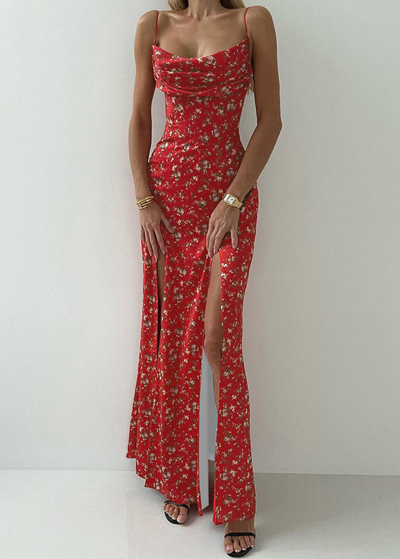 New Red Print Side Open Cotton Spaghetti Strap Dress Sleeveless