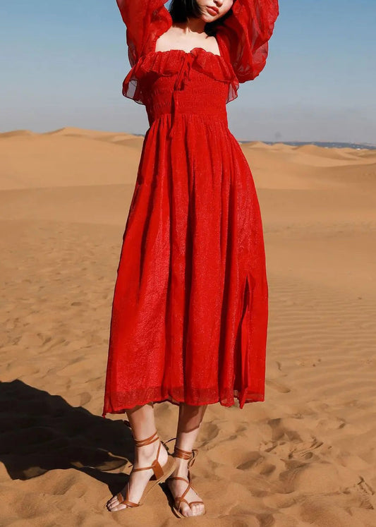 New Red Square Collar Side Open Cotton Beach Dress Puff Sleeve