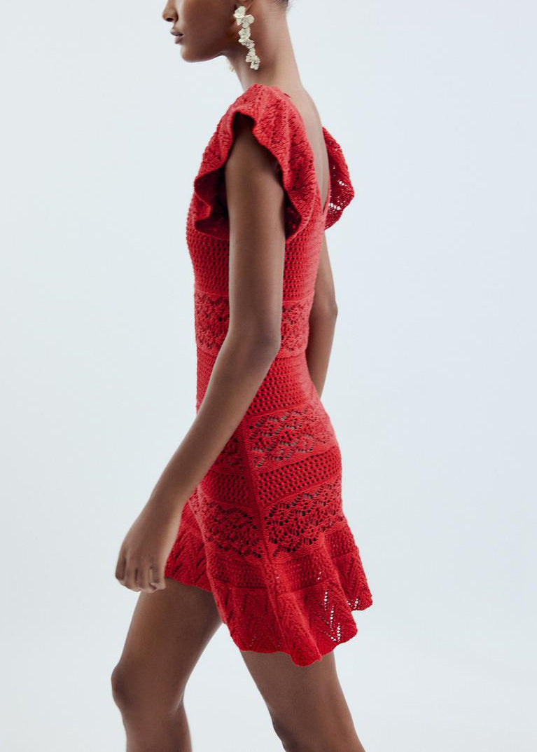 New Red V Neck Hollow Out Knit Mini Dresses Sleeveless