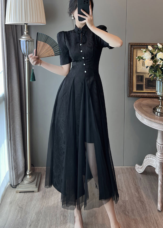 New Retro Black Puff Sleeve Patchwork Tulle Dress Summer