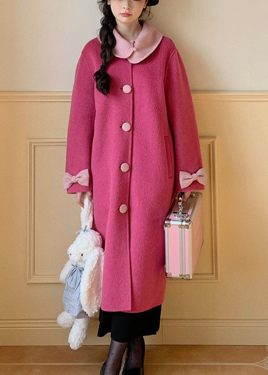 New Rose Peter Pan Collar Bow Wool Long Coats Winter