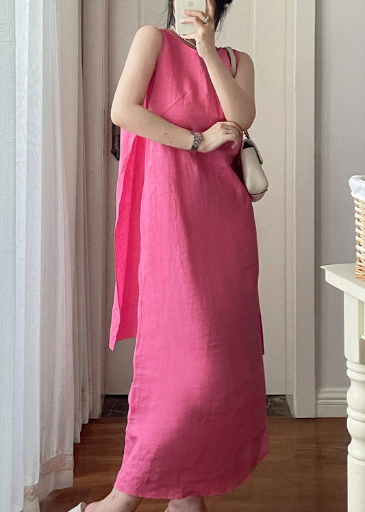 New Rose Pockets Lace Up Linen Dresses Sleeveless