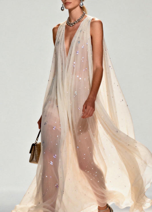 New Style V Neck Zircon Chiffon Maxi Dress Sleeveless