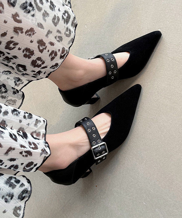 New Suede Splicing Chunky Heel Apricot Cowhide Leather Buckle Strap