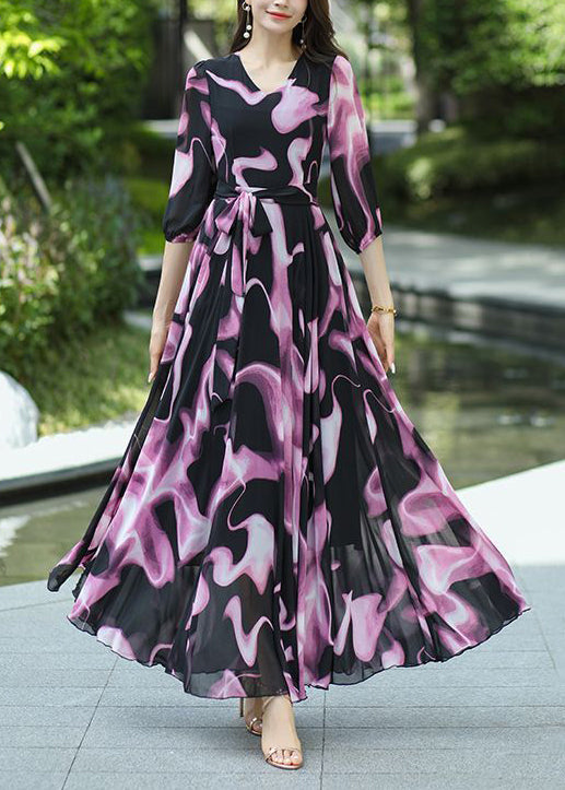 New V Neck Print Lace Up Chiffon Long Dress Summer