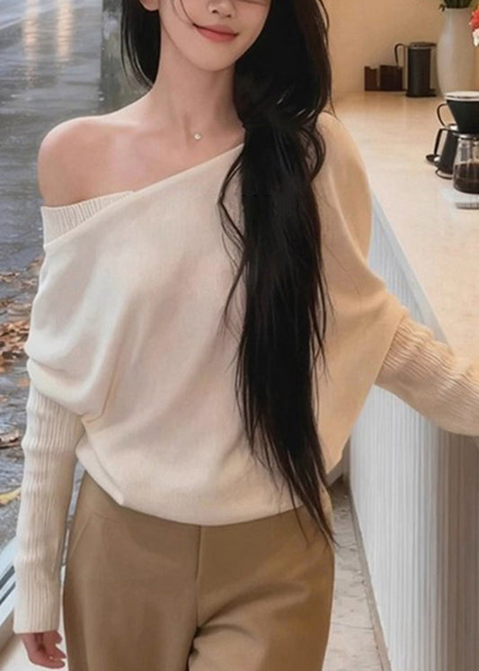 New White Asymmetrical Shoulder Solid Knit Sweaters Batwing Sleeve