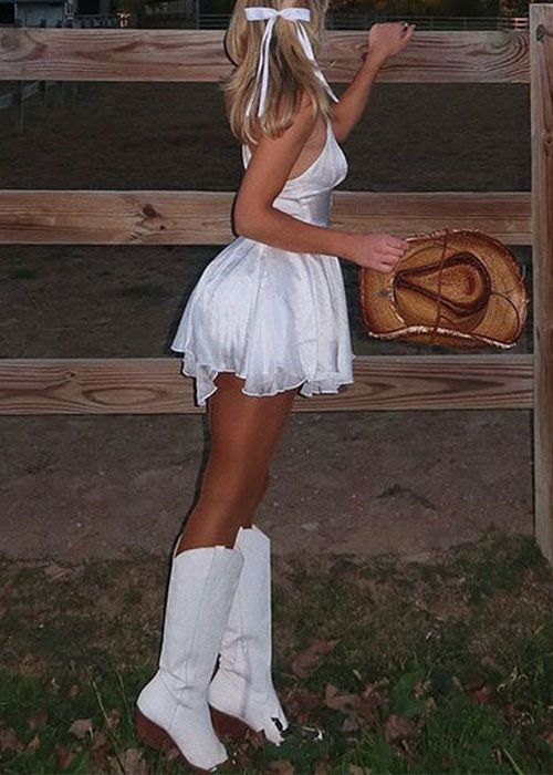 New White Backless Lace Up Solid Cotton Mini Dresses Sleeveless