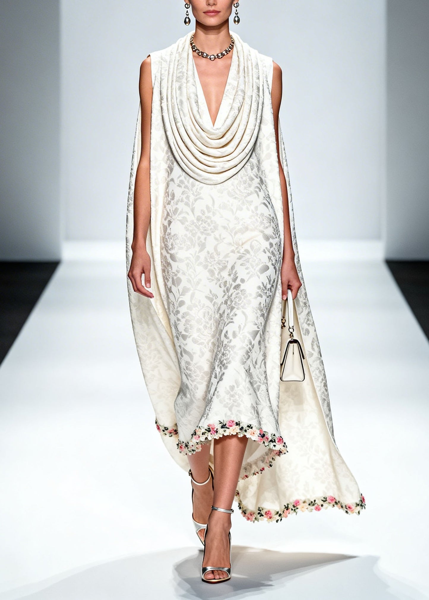 New White Draped Neckline Print Patchwork Silk Maxi Dress Summer