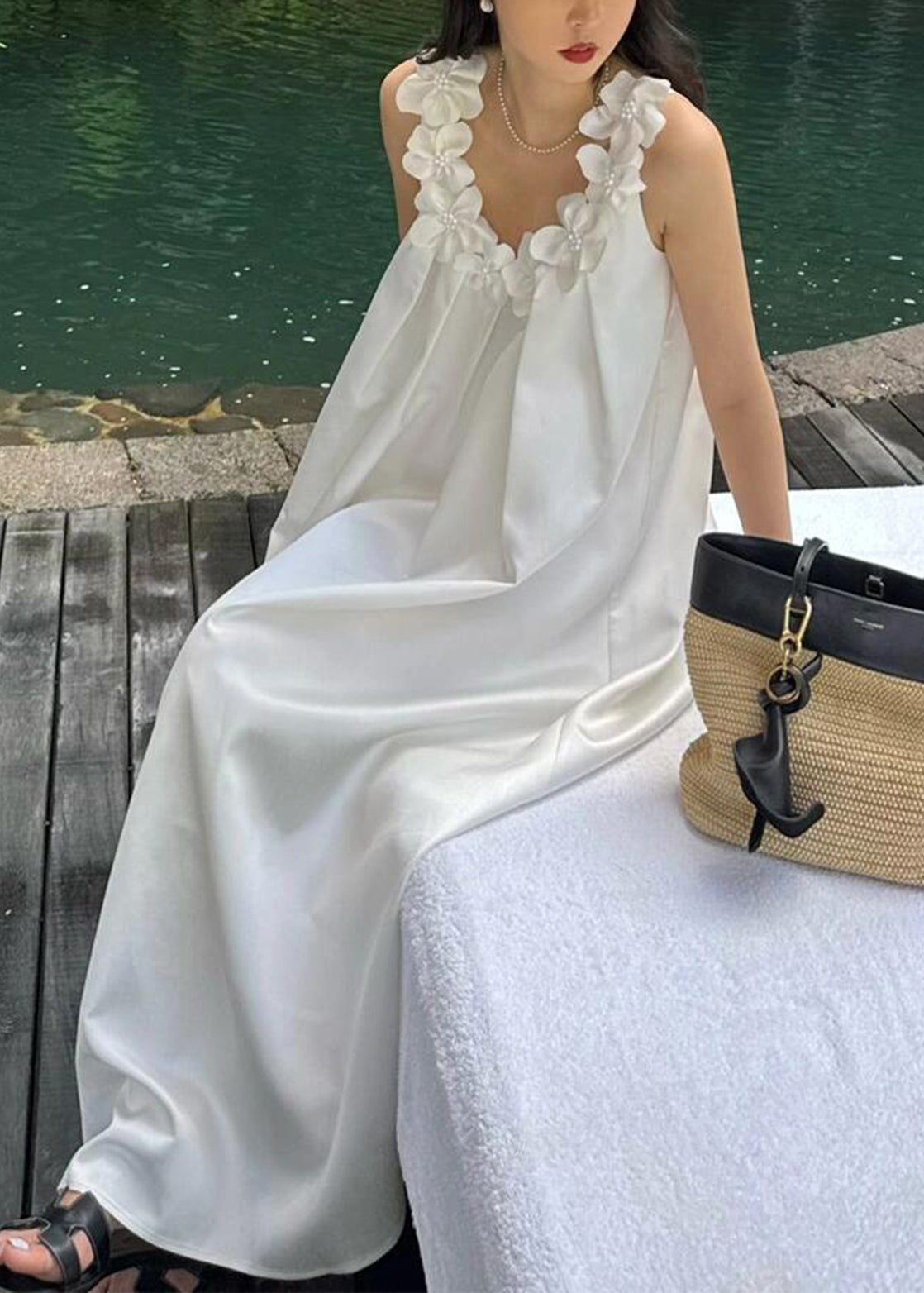 New White Floral Solid Cotton Maxi Dresses Sleeveless