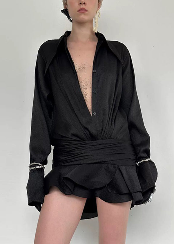 New White Ruffled Patchwork Chiffon Shirts Dress Long Sleeve