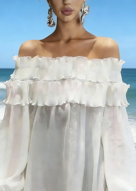 New White Slash Neck Ruffled Solid Chiffon Shirts Spring
