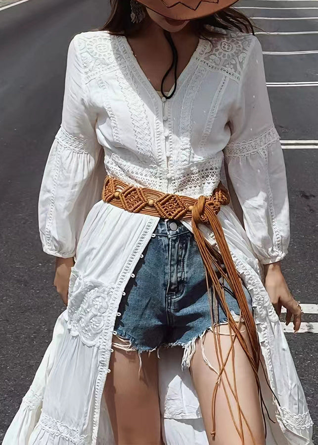 New White V Neck Button Lace Cotton Blouses Dresses Fall