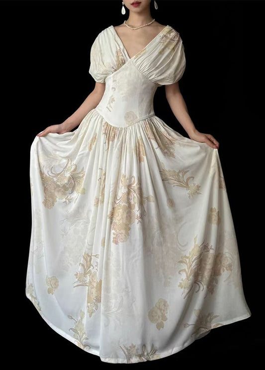 New White V Neck Print Pockets Cotton Maxi Dress Summer