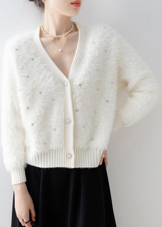 New White V Neck Zircon Mink Hair Knitted Cardigan Spring