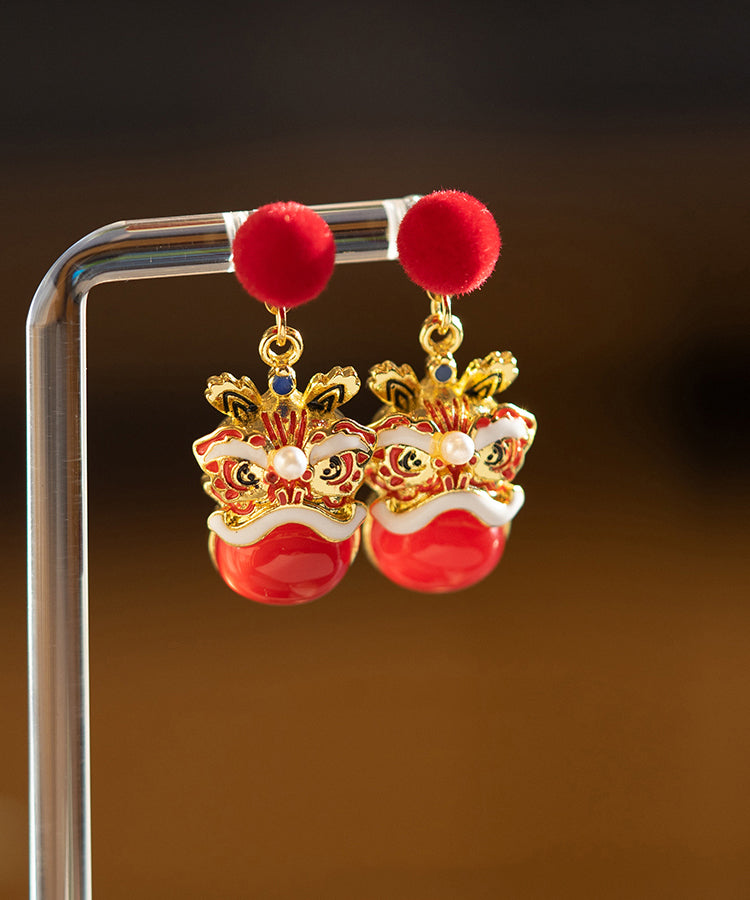 New Year Red Sterling Silver Overgild Lion Dance Drop Earrings