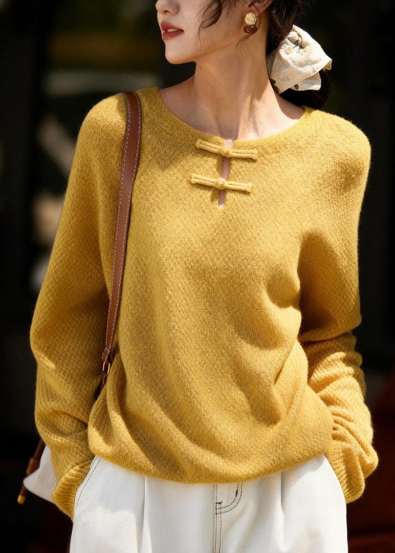 New Yellow Button Thick Cotton Knit Sweater Spring